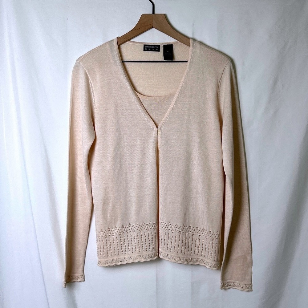 VTG Liz Claiborne Women 100% Silk Twofer Cardigan Tank Size M Champagne Beige